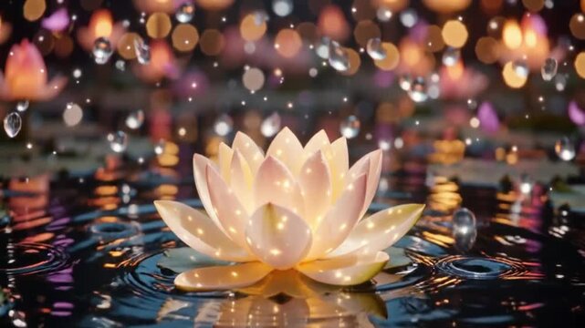 Glowing magical lotus flower floating on dark water with sparkling rain, serene meditation background video loop