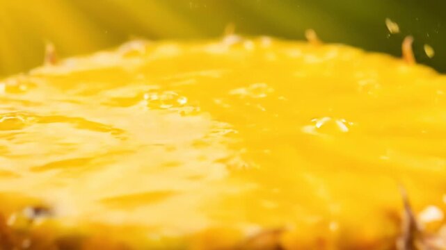 Fresh pineapple juice splashes onto a ripe, golden fruit slice. This vibrant, tropical scene evokes a refreshing, sweet taste.