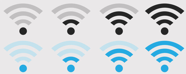 Collection of Wi-Fi signal strength icons, showing different levels of connectivity and color variations for digital communication and network concepts.
