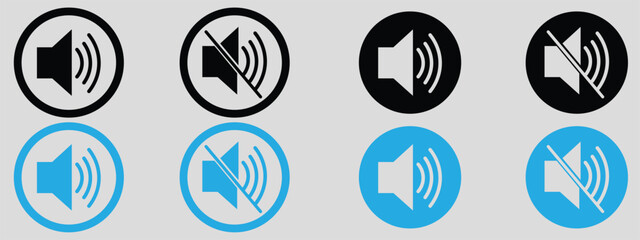 Set of sound and volume control icons, including speaker and muted speaker symbols in black and blue, representing audio settings and user interface elements.