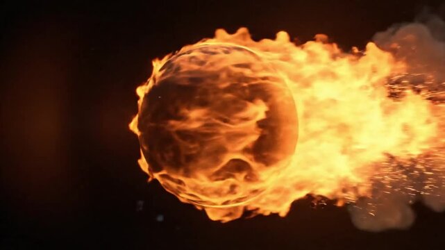 Realistic burning fire orb with swirling flames on dark background