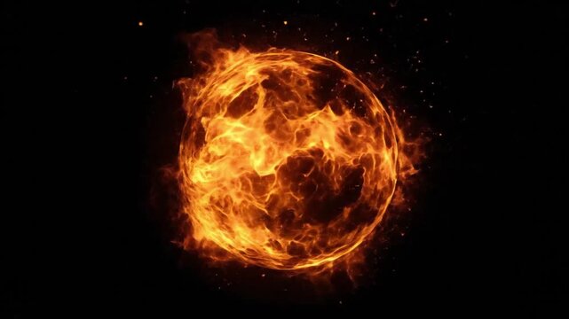 Photorealistic looping fireball sphere with swirling flames on black background for cinematic VFX, motion graphics, and design use