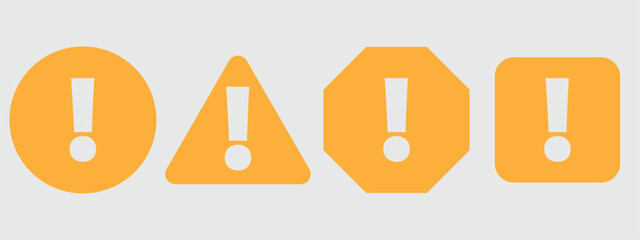 Exclamation mark alert symbols in various geometric shapes like circle, triangle, octagon, and square, in a bright orange hue for warning and notification concepts.