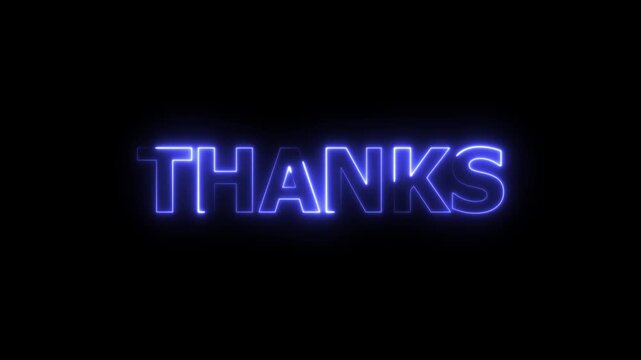 Glowing Neon Thanks Animation with Blue and Pink Outline, Neon Line Icon, 4K Isolated on Black Background for Digital Art and Business Visuals