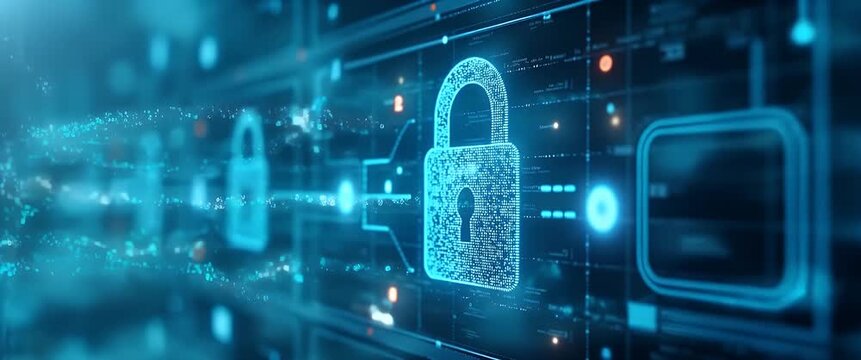Futuristic digital padlock glows as network nodes gently pulse, with camera slowly panning across a high-tech, cinematic cybersecurity landscape, emphasizing secure data connections.
