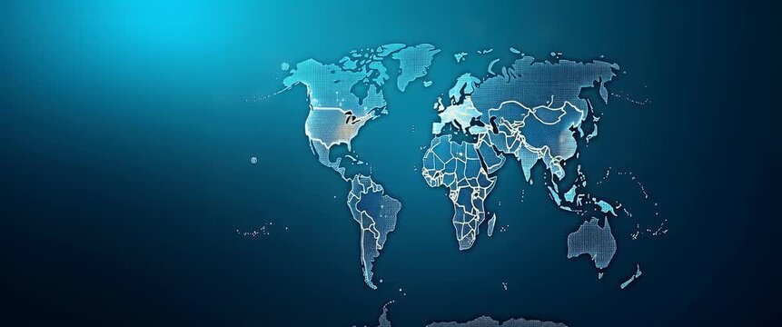 Cinematic world map animation with glowing countries, gentle ambient lights flicker; camera slowly pans across the digital landscape, highlighting geographic borders and global connectivity.