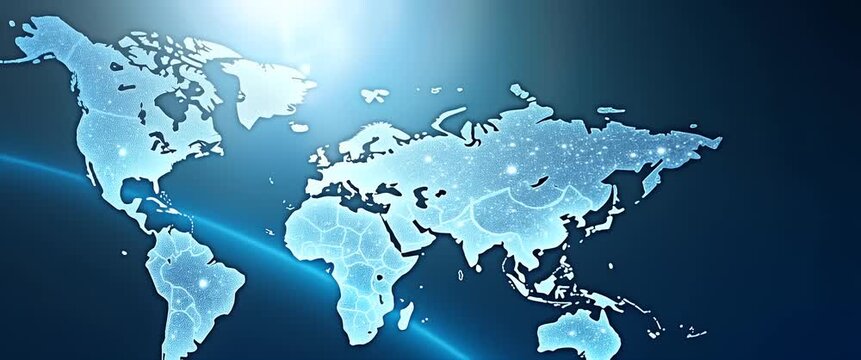Glowing digital world map rotates slowly as the camera pans gently across a futuristic, starry background, highlighting global connectivity and innovation in a cinematic style.
