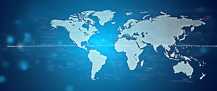 Cinematic world map animation with glowing data points, gentle ambient motion and a slow camera pan, illustrating global connectivity and digital networks in a futuristic style.