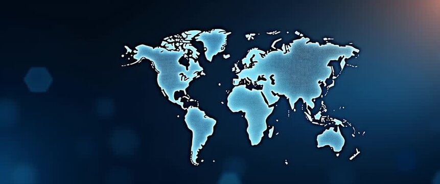 Cinematic world map animation with ambient lighting flickers, slow camera pan over detailed continents, and subtle hexagonal patterns, ideal for global business and technology themes.