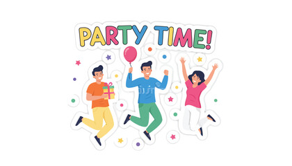 Fototapeta premium Vector illustration of three happy people jumping with confetti and balloon, Party Time! text, for celebration or birthday banner