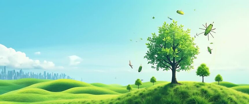 Majestic tree sways gently on a vibrant hill as birds and insects flutter around, with a slow cinematic pan capturing the serene landscape and distant city skyline.