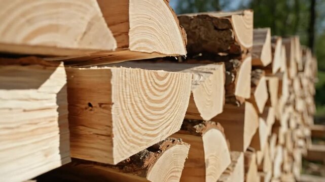 Neatly stacked firewood logs in an outdoor woodpile