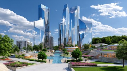 Fototapeta premium Modern Urban Landscape Featuring Futuristic Skyscrapers Reflecting Blue Sky and Lush Greenery in Vibrant City Park Setting with People Enjoying Leisure Activities