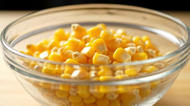 Water streams over fresh corn kernels in a colander. The cleaned corn is then poured into a clear glass bowl.