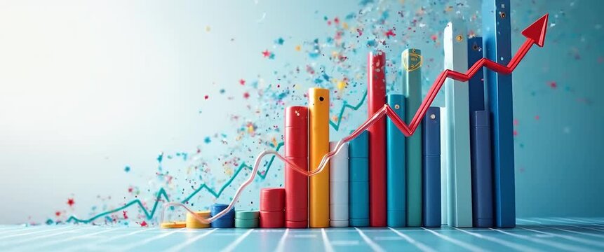 Dynamic bar charts rise with colorful confetti in a cinematic scene, as the camera smoothly pans across a growth-focused financial landscape, highlighting success and progress.