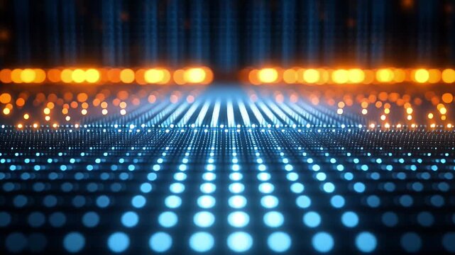 Blue and orange glowing dots in a futuristic grid pattern.