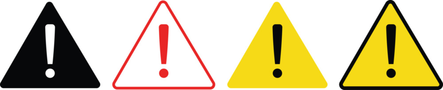 Four warning signs with exclamation marks black red yellow and black border alert danger