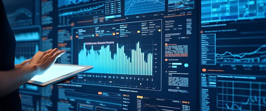 Business professional interacts with digital financial dashboard, data visualizations animate dynamically; camera slowly pans across, highlighting analytics, technology, innovation in cinematic style.