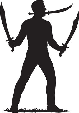 A man stand with two Muslim Swords and One Sword handle he put in his mouth in black and white silhouette vector with transparent background 