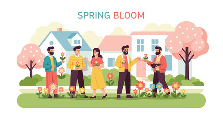 Fototapeta premium Spring Bloom: Diverse People Enjoying Blossoming Gardens and Nature