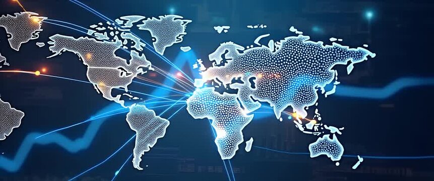 Cinematic world map illuminates with data points as camera slowly pans; technology and finance trends visualized with glowing lines and digital motion, ideal for corporate presentations.