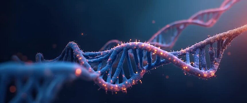 Cinematic close-up of a twisting DNA strand in a vibrant blue hue, with gentle ambient particles swirling, as the camera slowly pans to highlight genetic structure in a scientific setting.