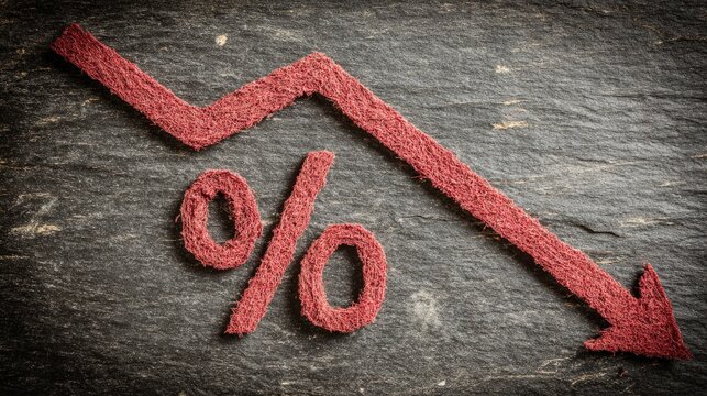 Textured red downward arrow and percentage symbol rest upon a dark stone surface
