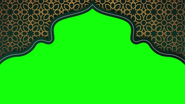 Islamic Mosque Arch Frame with Golden Geometric Patterns and Green Screen Background for Video Editing
