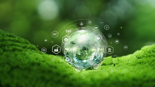 Crystal globe glass on green in forest with ESG icons for sustainability environmental, clean energy, and eco-friendly. Green business. carbon reduction to net zero. Earth Day, and ESG concept.