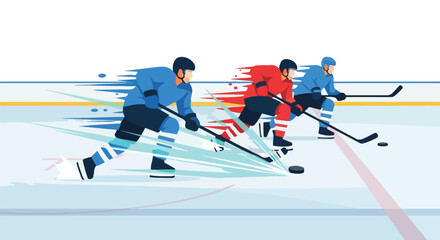 Fototapeta premium Dynamic ice hockey players in intense action on the rink, swiftly skating and competing for the puck. Flat vector illustration capturing speed and excitement of the game.