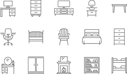 Linear vector icon set for home furniture and interior decor featuring office desks chests of drawers television stands beds wardrobes bookshelves and fireplace symbols © Mahamudul