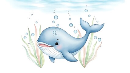 Naklejka premium Cartoon whale swims underwater amidst bubbles and seaweed