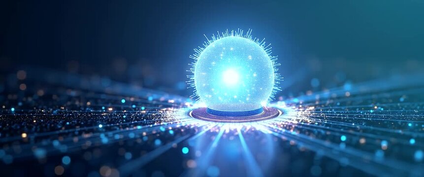 A glowing digital sphere pulsates with energy at the center of a sprawling data network; the camera slowly pans, capturing the futuristic ambiance in a cinematic, high-tech environment.