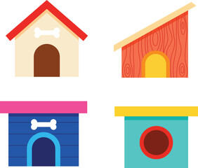 Four colorful cartoon dog houses with bone and circular window details kennel pet shelter