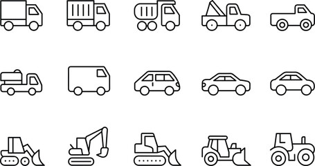 Linear vector icon set for transportation and heavy machinery featuring delivery trucks dump trucks pickup cars excavators bulldozers tractors and industrial vehicle symbols © Mahamudul