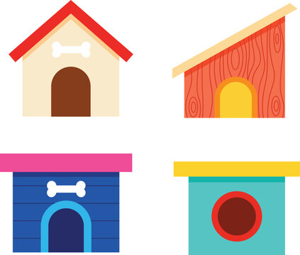 Four colorful cartoon dog houses with bone and circular window details kennel pet shelter