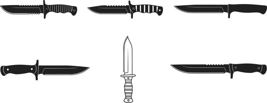 Combat and hunting knife silhouettes collection military survival blade icons vector illustration set outdoor gear design elements pack