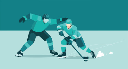 Fototapeta premium Two hockey players battling for the puck during a fast-paced ice hockey game, dynamic action illustration.
