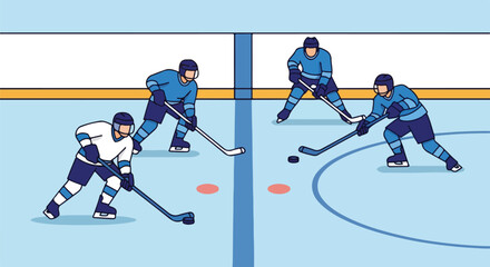 Obraz premium Ice hockey players in action on the rink, playing a competitive match with sticks and puck, illustrating teamwork and sport.