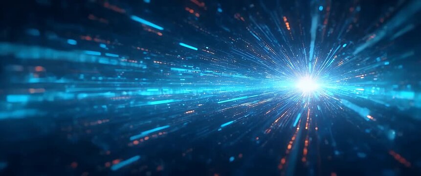 Dynamic digital particles stream forward in a futuristic tunnel, as the camera smoothly tracks the motion, creating a captivating cinematic effect with ambient light flickers.