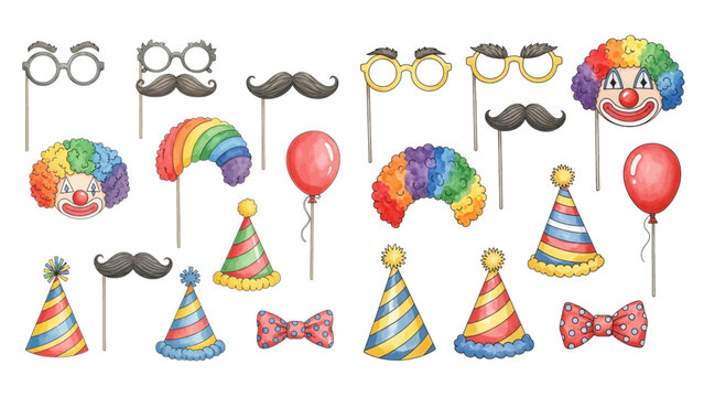 Collection of colorful party and clown photo booth props including rainbow wigs, mustaches, glasses, hats, bow ties, and red noses on sticks, duplicated for a fun celebration.