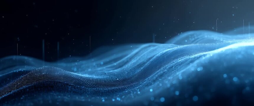 Dynamic digital waves gently undulate as the camera smoothly pans across a vibrant, futuristic landscape with twinkling lights, creating a mesmerizing, cinematic experience.