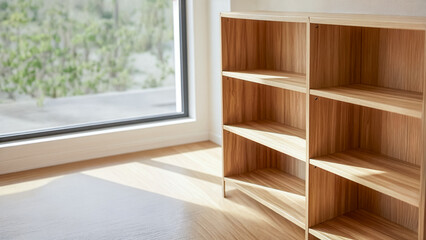 窓から明るい日差しが差し込むモダンな部屋に置かれた、空の木製本棚とフローリングの床