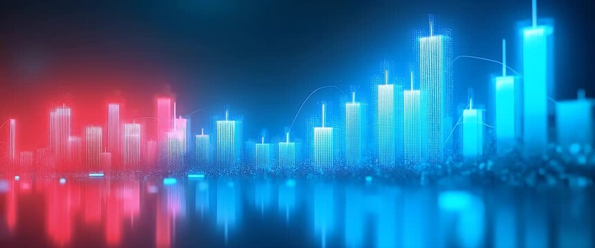 Cinematic cityscape with digital skyscrapers gently pulsing in vivid blue and red hues, as the camera smoothly pans across the futuristic skyline, creating an ambient tech-inspired atmosphere.