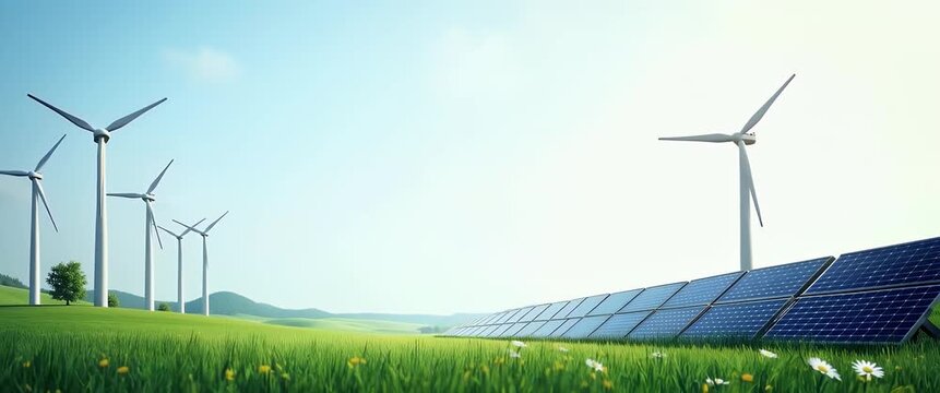 Wind turbines rotate gracefully amidst solar panels on lush hills under a serene sky, with a slow pan capturing the renewable energy landscape in a cinematic, eco-friendly style.