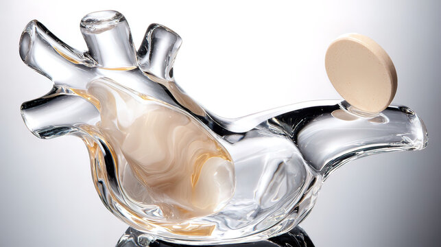 statin. An abstract glass sculpture of a human heart, with a single statin pill balanced on its top. event programs, museum guides, designed for cultural heritage projects and event programs.
