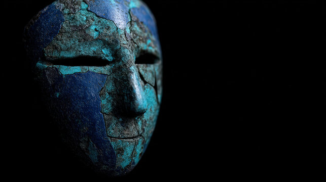 plasm. A broken ceramic mask reveals a metallic surface beneath, symbolic contrast in studio lighting. event programs, museum guides, designed for cultural heritage projects and event programs.
