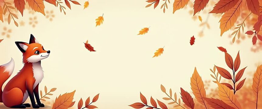 Cartoon fox sits amid swirling autumn leaves, slow camera pan reveals vibrant fall colors in a whimsical, animated style, perfect for seasonal storytelling and children's content.
