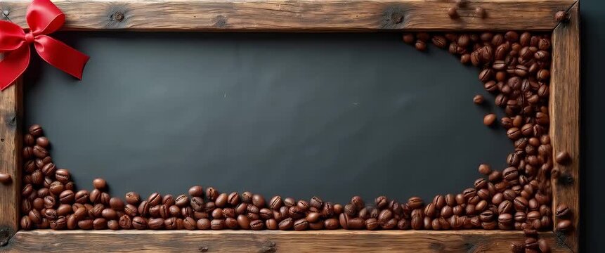 Rustic coffee beans gently tumble across a wooden frame with a red bow, while the camera slowly pans over the textured surface in a warm, cinematic style, capturing cozy ambiance.