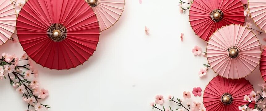 Pink and red parasols gently rotate among cherry blossoms, while the camera slowly pans across the elegant, minimalist composition, capturing a serene, cinematic ambiance.